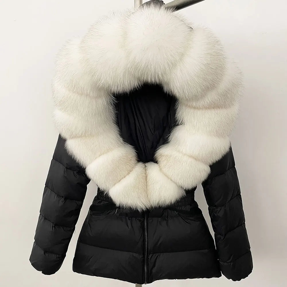 OFTBUY 2024 veste d'hiver femmes naturel réel raton laveur col de fourrure de renard à capuche blanc canard vers le bas manteau ceinture épais chaud vêtements d'extérieur décontractés