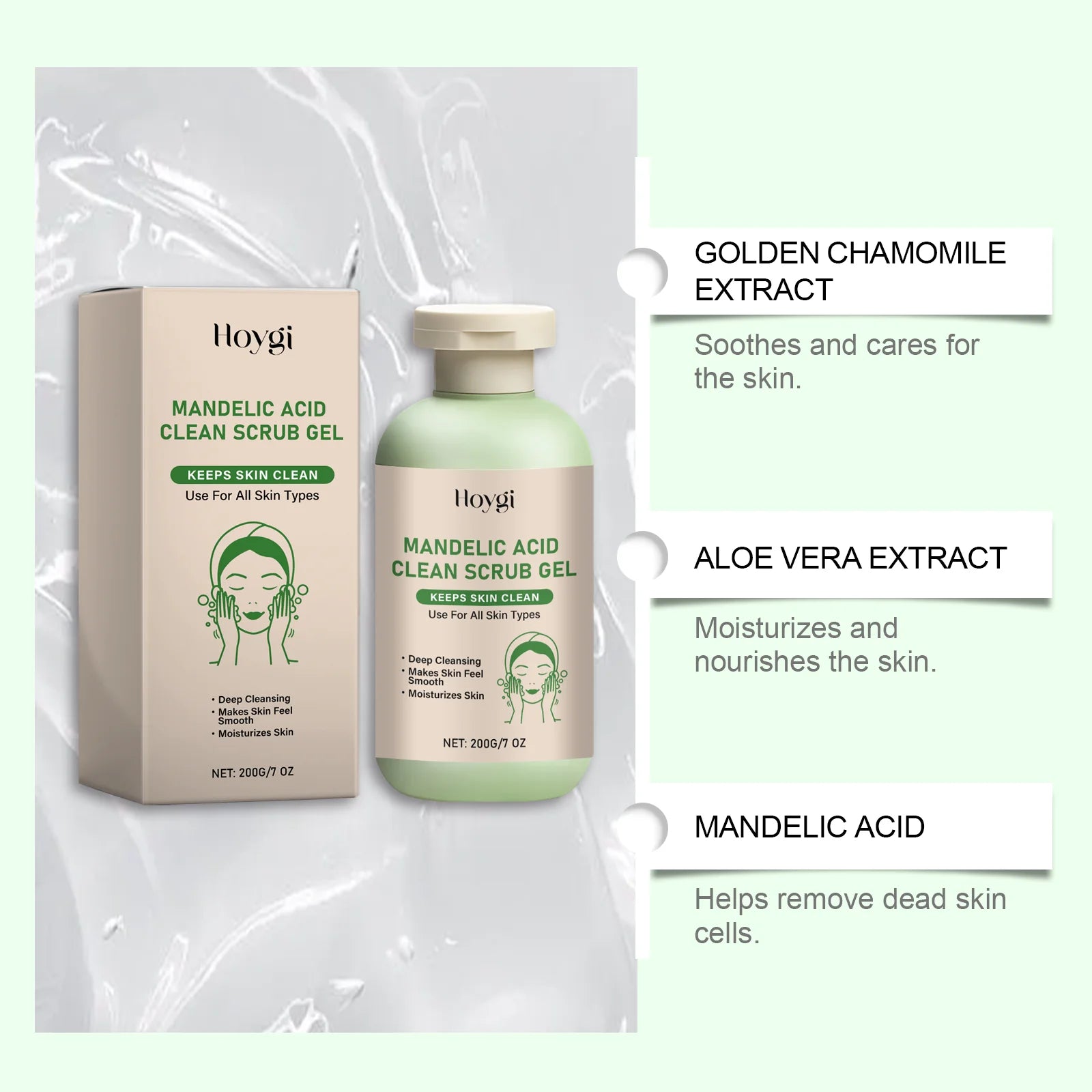 Gel gommage propre pour le corps à l'acide mandélique, exfoliant doux, dissolvant de peau morte, lissant, soins pour la peau, hydratant, nettoyage en profondeur