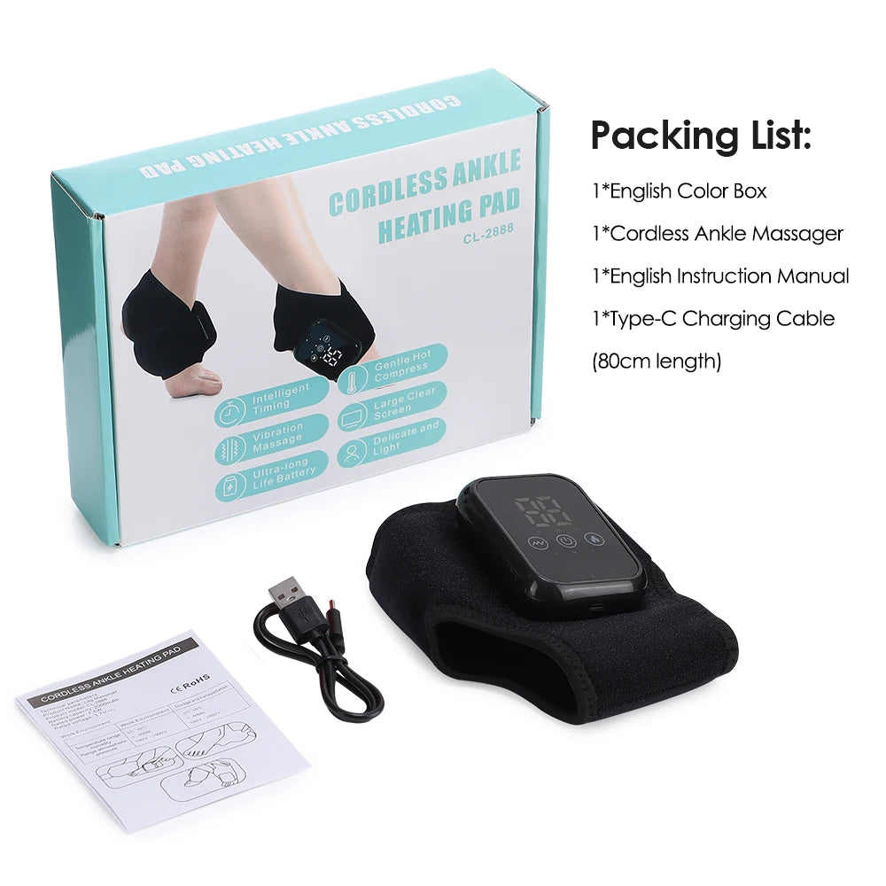 Electric ankle protector with 3 heating levels, hot compress, vibration massage, cordless foot massager, ankle joint protection, and heating strap.