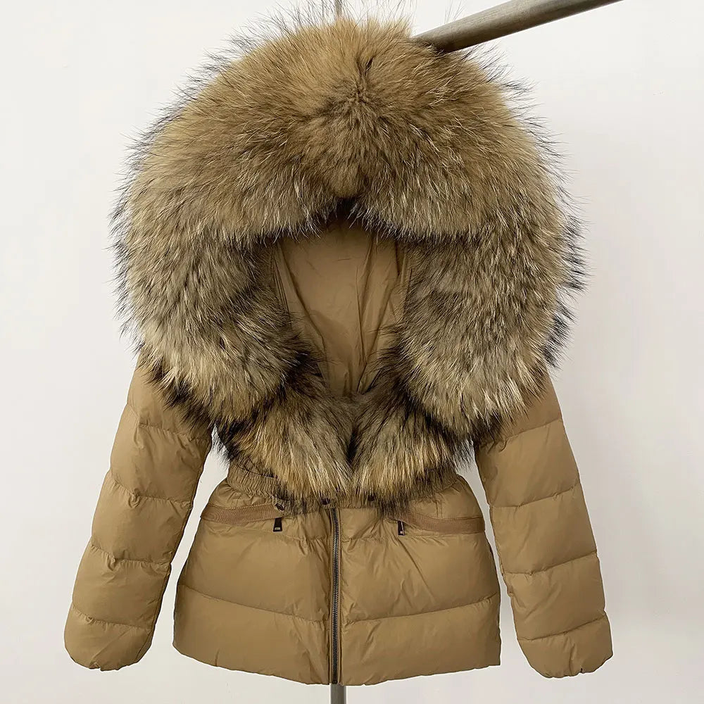 OFTBUY 2024 veste d'hiver femmes naturel réel raton laveur col de fourrure de renard à capuche blanc canard vers le bas manteau ceinture épais chaud vêtements d'extérieur décontractés