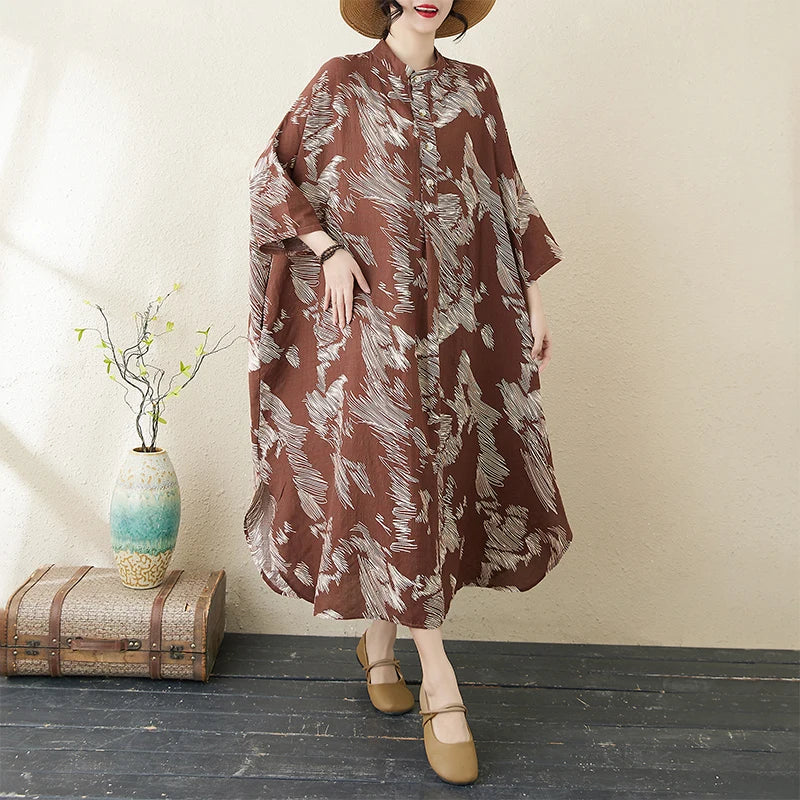Summer commute. Cotton linen print loose long dress with high neck A-line skirt. Seven long dresses available in plus sizes.