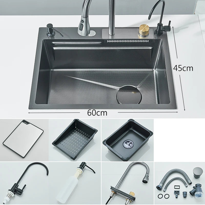 Évier de cuisine cascade en acier inoxydable 304, grand fente unique intégrée, ensemble de robinets 60x45cm, distributeur de savon/eau Pure/laveuse de tasses