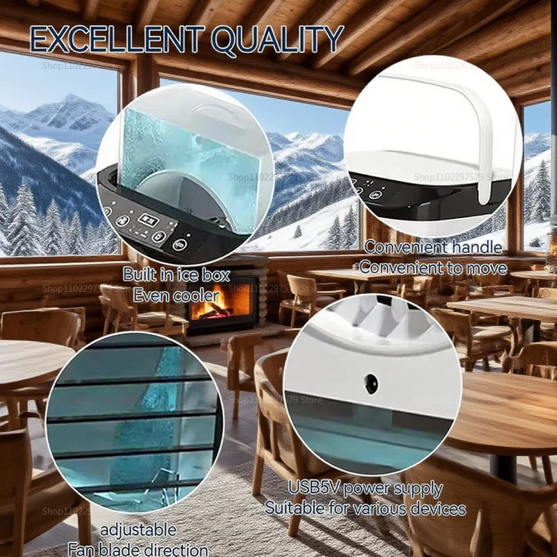Mini portable desktop air cooler fan, quiet operation, equipped with a spray humidifier, ideal for cooling and hydrating, for the office and home.