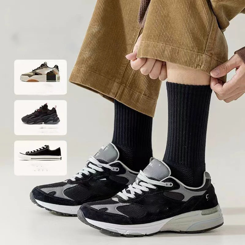 3 pairs of mid-calf sports socks with towel soles for all seasons, solid color, deodorizing, sweat-absorbing and breathable; black mid-calf socks, shock-absorbing and heel-protecting.