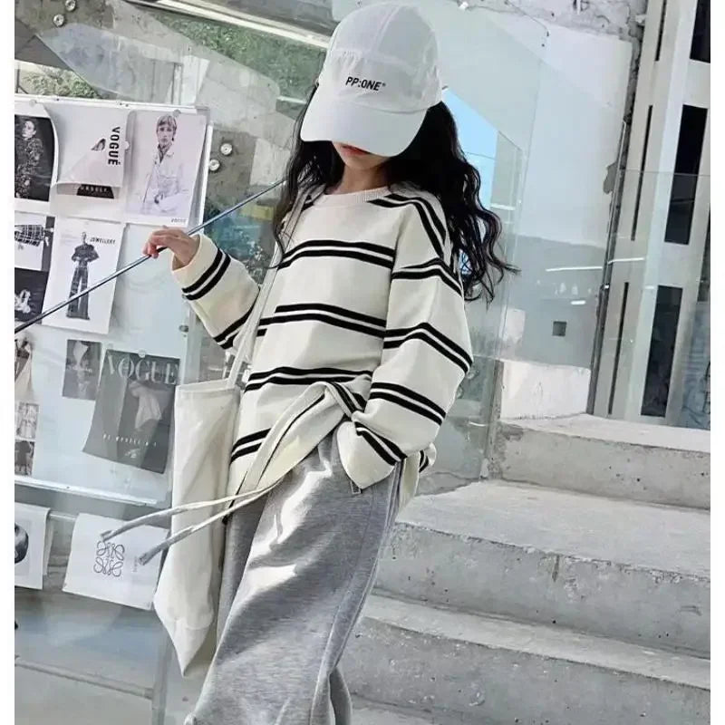 Ensemble de vêtements simples de Style coréen pour filles, 2 pièces, rayé à manches longues + pantalon ample, tenues pour adolescentes de 6 8 10 12 14 ans, 2025