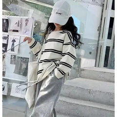 Ensemble de vêtements simples de Style coréen pour filles, 2 pièces, rayé à manches longues + pantalon ample, tenues pour adolescentes de 6 8 10 12 14 ans, 2025