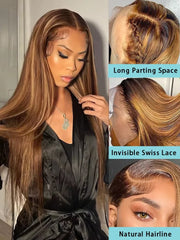 4/27 Highlight Right 13x6 13x4 HD Lace Front Human Hair Wigs 220 Density Brazilian Ombre Transparent Lace Front Wig 46 inches 