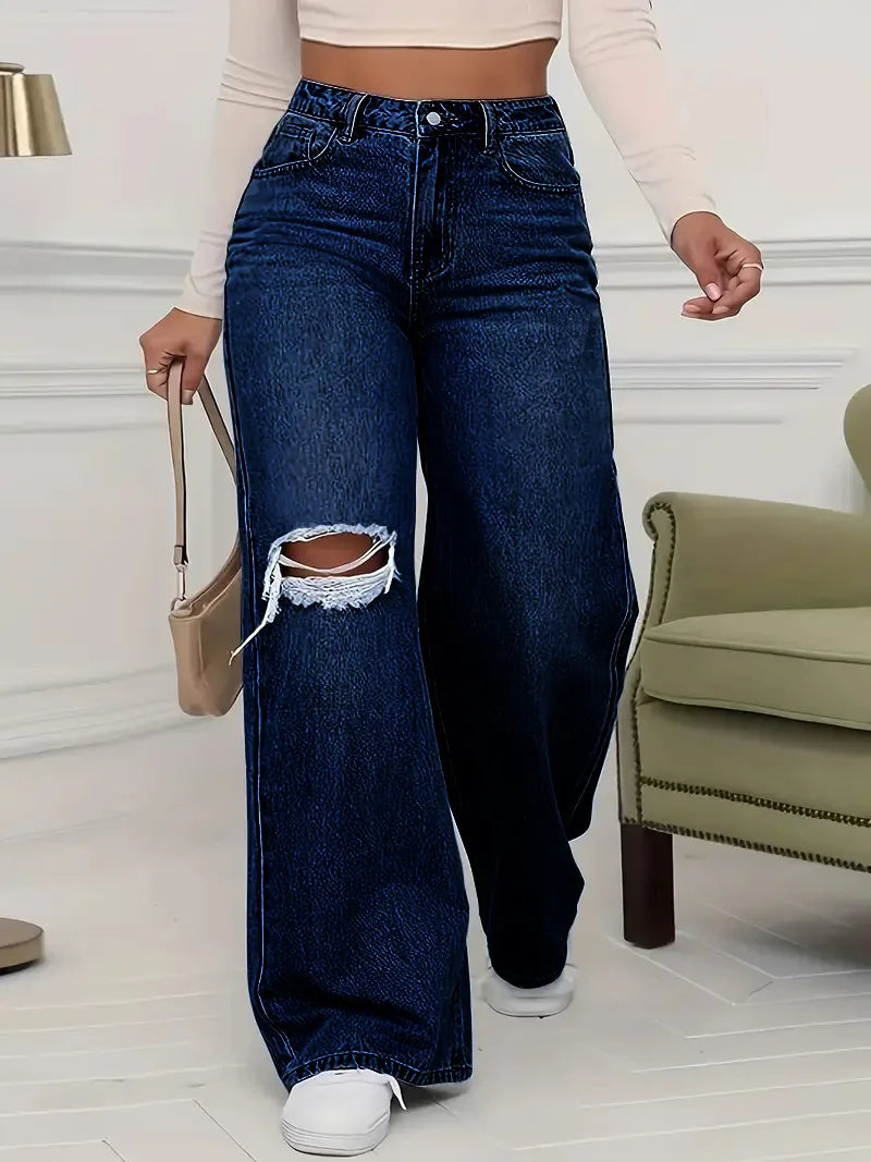 Pantalon en Denim à jambes larges pour femmes, ample, taille haute, trou de personnalité délavé, nouvelle mode classique décontractée, longueur au sol, quatre saisons