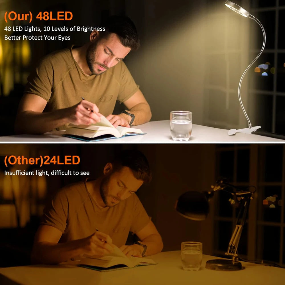 48 LED lampe de bureau Clip USB livre lumière chevet 360 °   Protection oculaire flexible, lampe de lecture à col de cygne, luminosité réglable, niveau 3