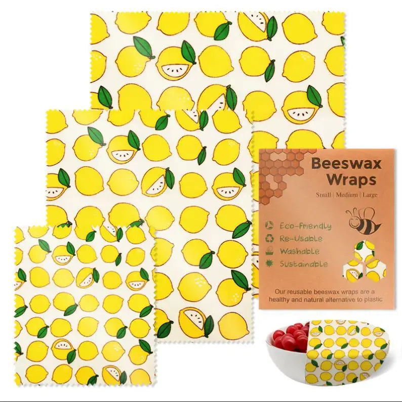Beeswax Food Wrap 3-Piece Set, Reusable Eco-Friendly Organic Cotton Wax Fabric, Household Plastic Wrap Replacement, Washable Lemon Pattern