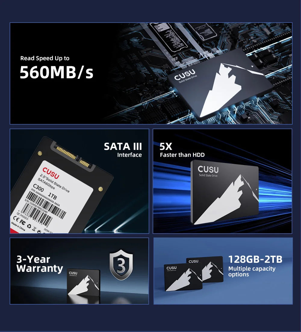 CUSU SSD Hard Drive, SATA 3, 128GB, 256GB, 512GB, 1TB, 2TB capacity, for laptop and desktop