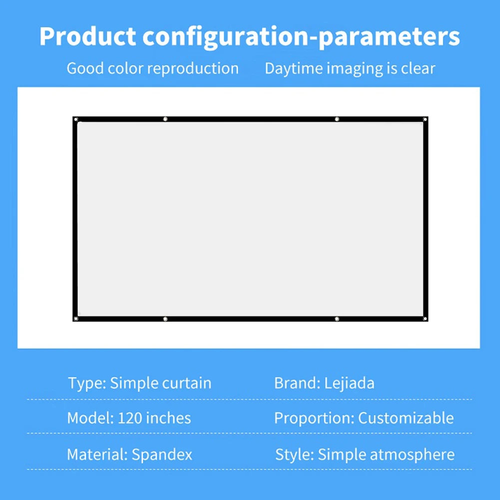 Écran de projection portable anti-lumière pour la maison et l'extérieur, rideau simple HD, cinéma maison de voyage, 60 pouces, 72 pouces, 84 pouces, 100 pouces, 120 pouces, 150 pouces