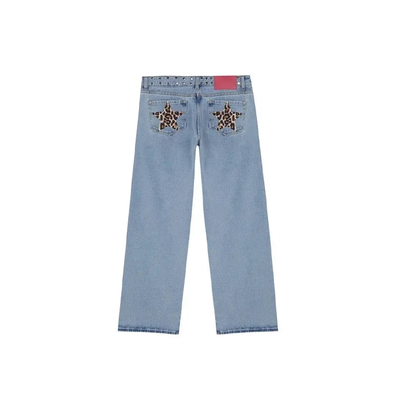 Y2K Vintage jean Flash argent étoile motif métal Rivet jean femme Baggy décontracté jambe droite Denim pantalon Simple femmes vêtements