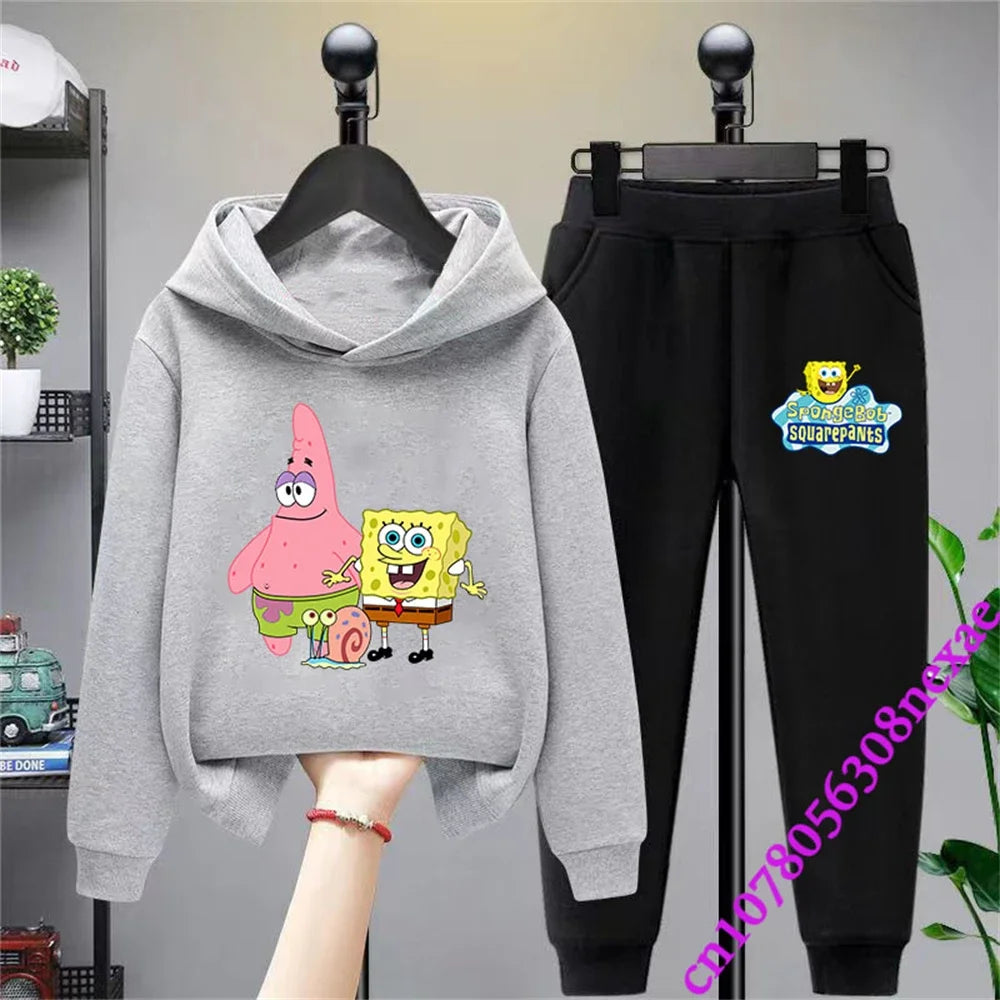 Spongebob-Pull imprimé dessin animé pour enfants, vêtements pour garçons et filles, imbibé, printemps et automne, Sportif, fjedly, 2 pièces