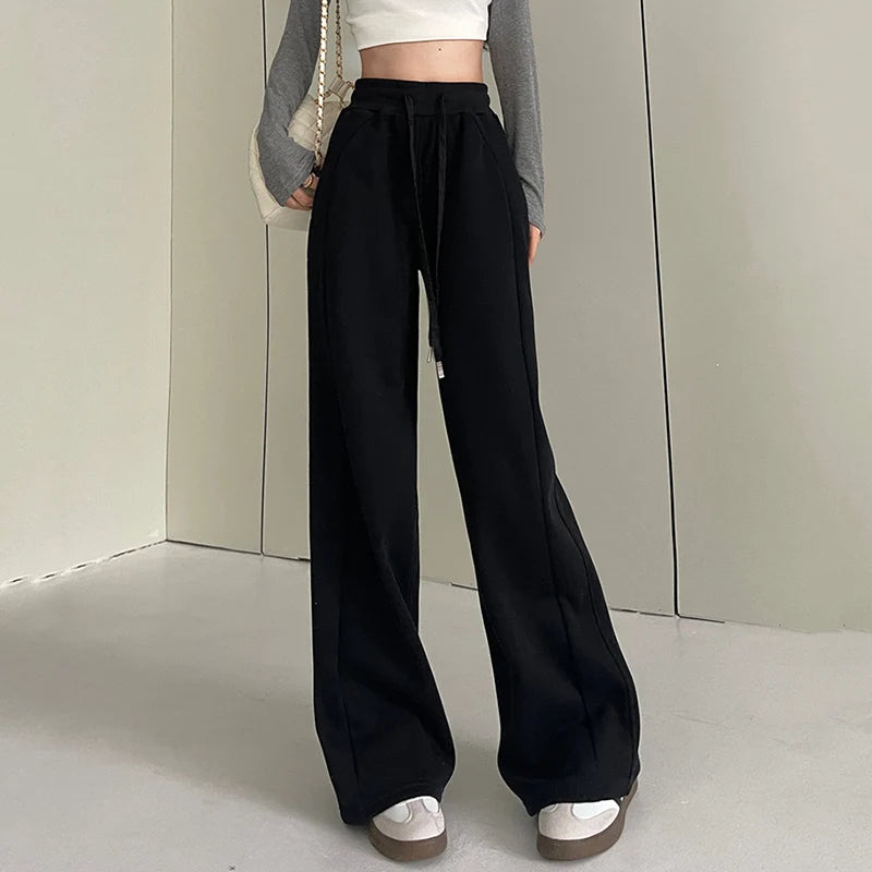 Pantalon de sport élastique pour femmes, basique, blanc, gris, noir, jambes larges, droit, polyvalent, taille haute, survêtement