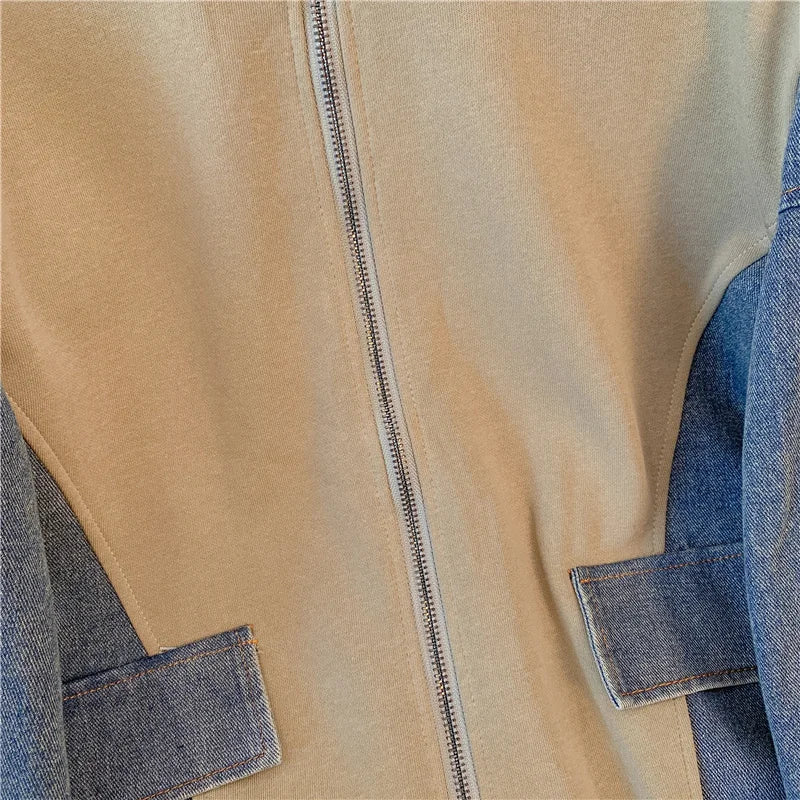 Ensemble pantalon en Denim, col montant, Patchwork, manteaux de rue, hauts à jambes larges, jean gothique droit, Vintage, ensemble deux pièces Simple