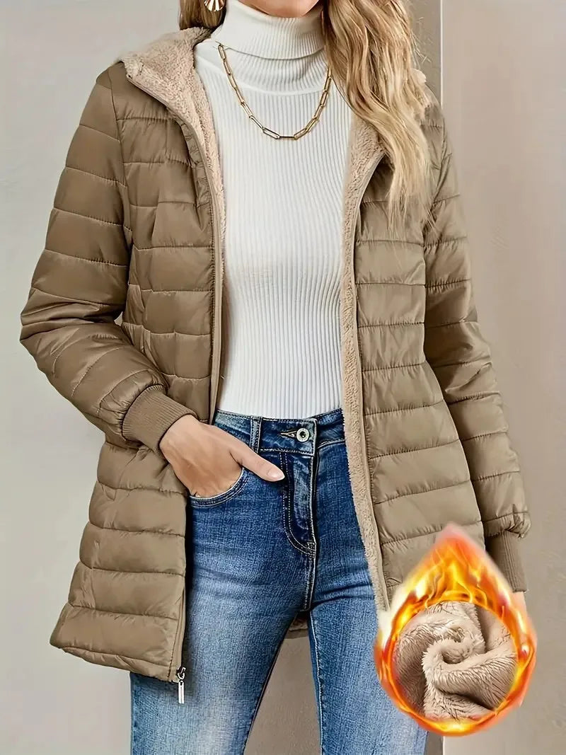 Women's fleece-lined cotton jacket, warm top, loose fit, lightweight, hooded, cotton coat, street style, trendy, autumn/winter