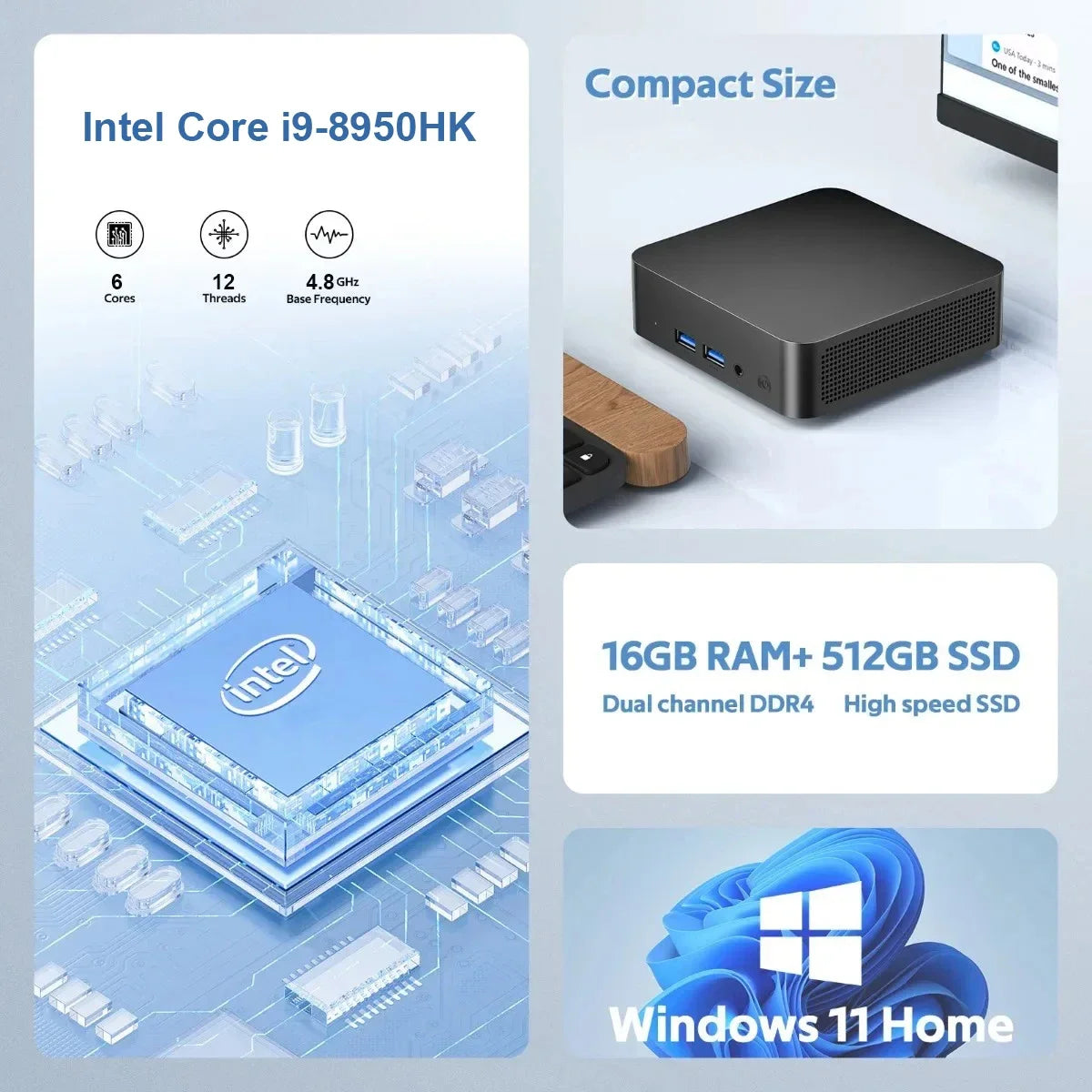MINI PC Portable Windows 11 Intel Core i9 8950HK 16GB RAM 1TB SSD ordinateur double WIFI 6 BT5.2 4K HD Mini jeu bureau studyPc