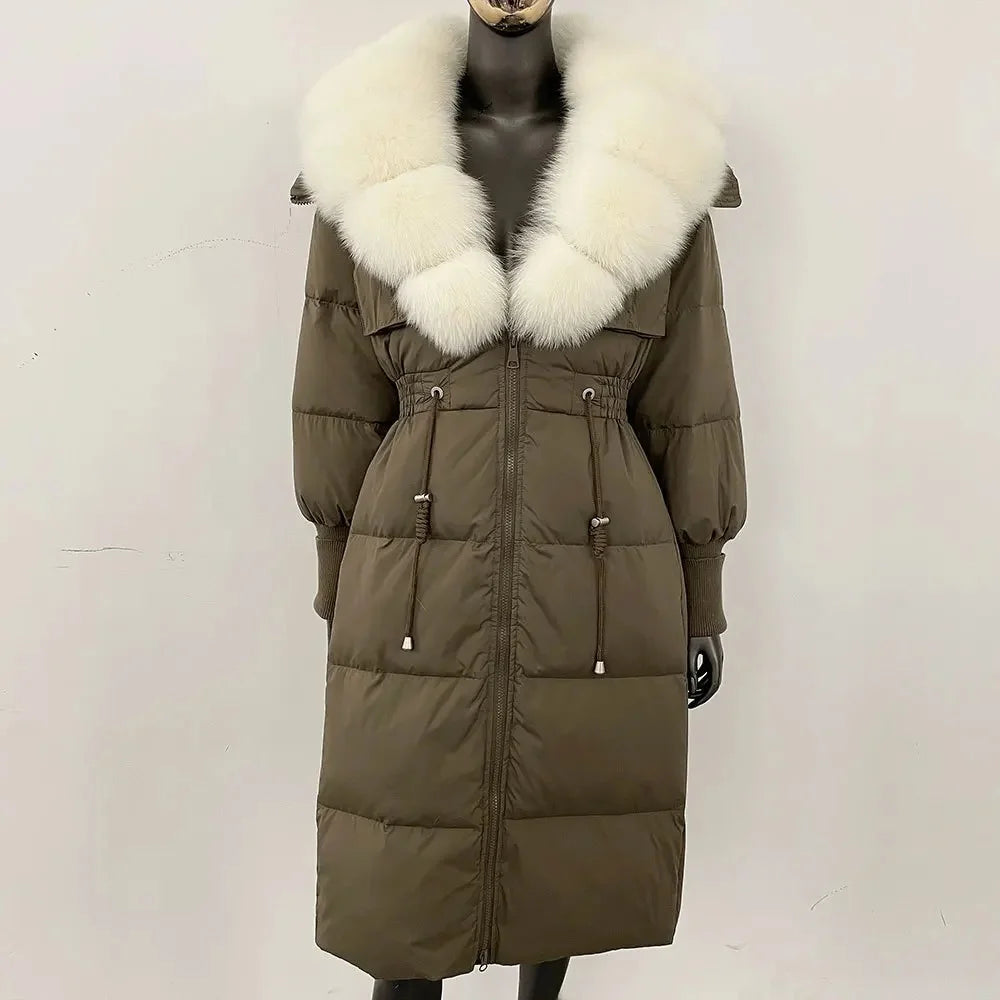 Doudoune longue avec col en fourrure pour femme, pardessus en fourrure de renard, longueur aux genoux, à la mode, chaude, cintrée à la taille, vêtements d'extérieur amincissants