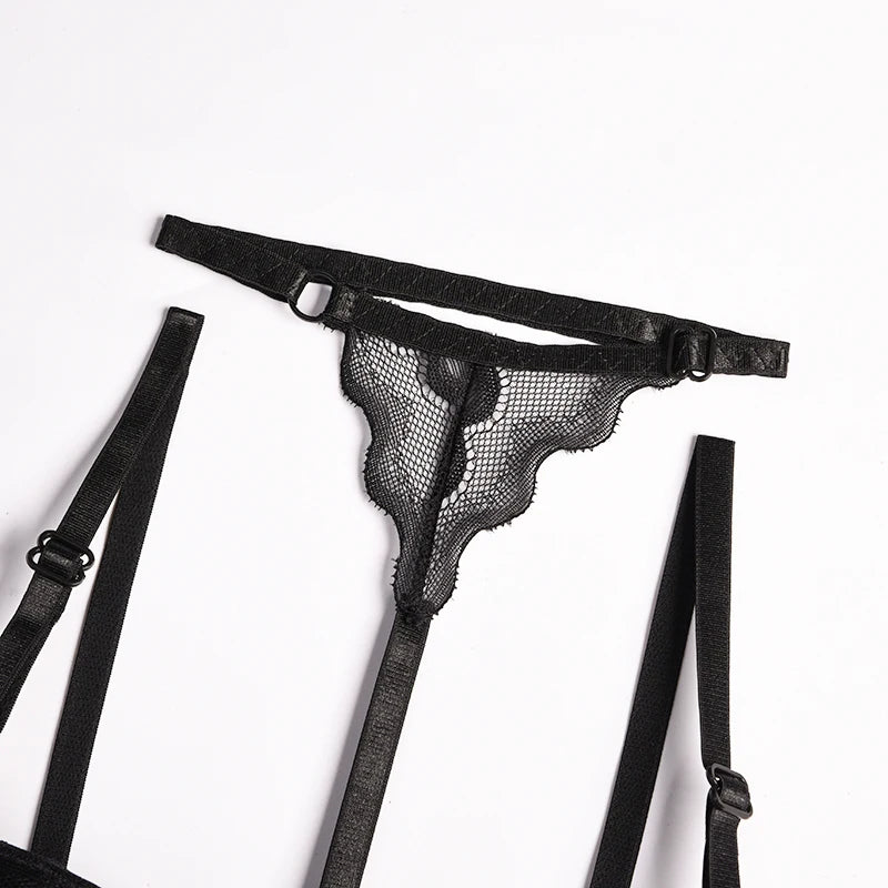Ensembles de Lingerie érotique pour femmes, jarretelles en dentelle, soutien-gorge et culotte transparents, Costumes Porno féminins, col licou en V profond, ensemble de sous-vêtements Sexy
