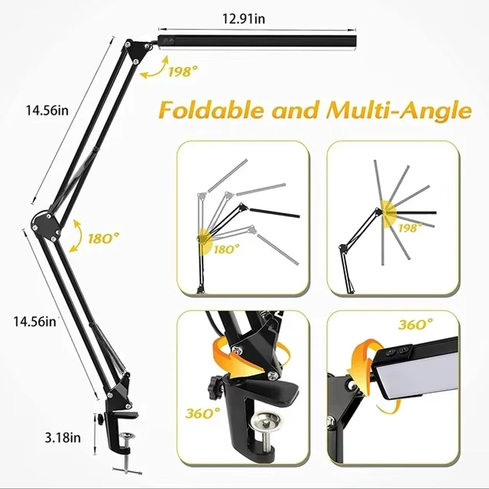 Lampe de bureau, lampe de bureau LED avec culbuteur, Angle réglable, 10 niveaux de luminosité, 3 modes d'éclairage, luminaire, apprentissage du protection des yeux