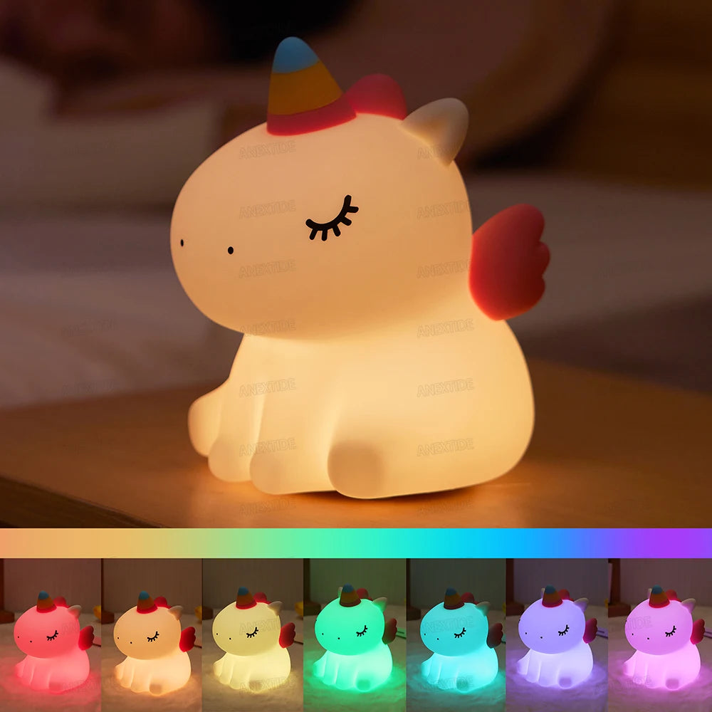 Veilleuse licorne mignonne en Silicone pour enfants, veilleuse LED à intensité variable, lampe licorne Squishy, lampe de chevet Rechargeable