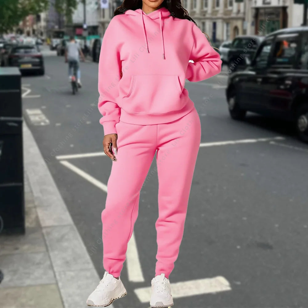 Ensemble deux pièces à capuche et pantalon pour femme, basique, vierge, automne-hiver, sweat-shirt surdimensionné, coupe ample, survêtement féminin