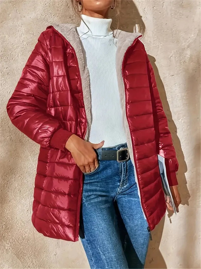 Women's fleece-lined cotton jacket, warm top, loose fit, lightweight, hooded, cotton coat, street style, trendy, autumn/winter