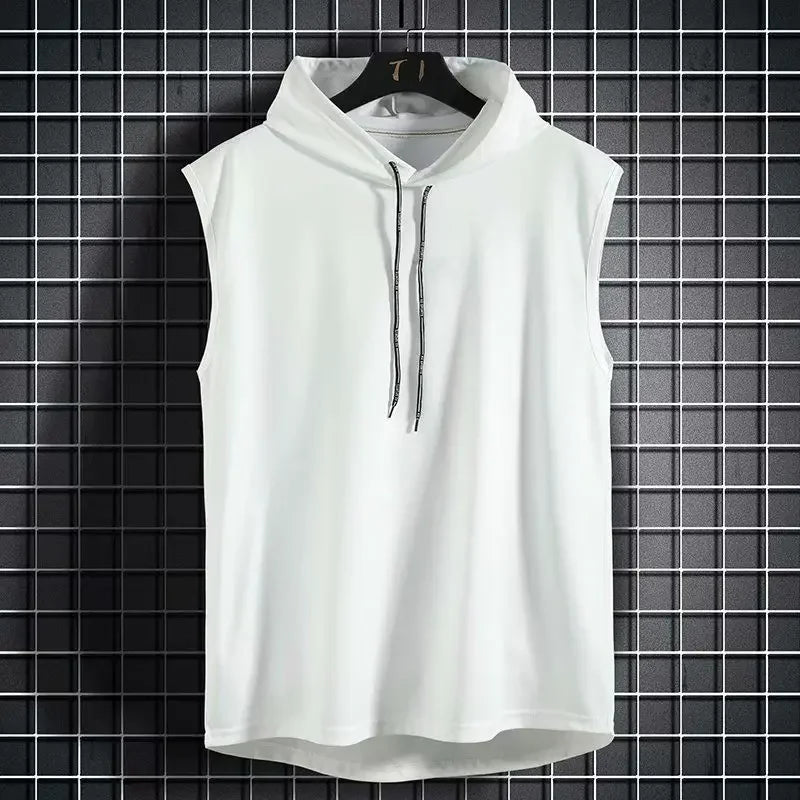 Hommes cravate col à capuche sans manches gilets mâle été ample solide Hip Hop t-shirt hauts