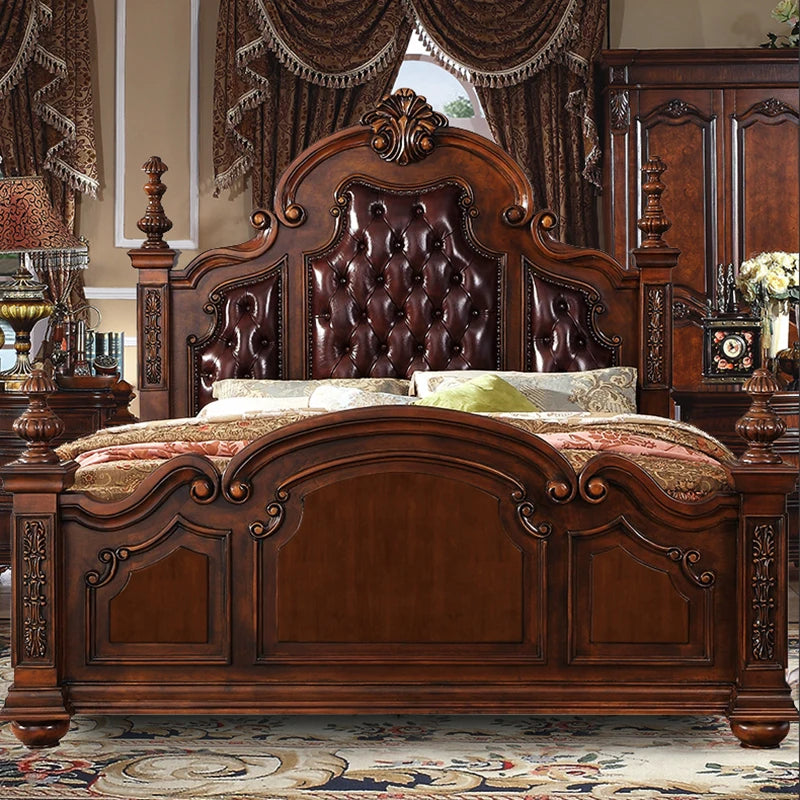 Lit double en cuir américain, lit de princesse rétro, tout en bois massif, européen