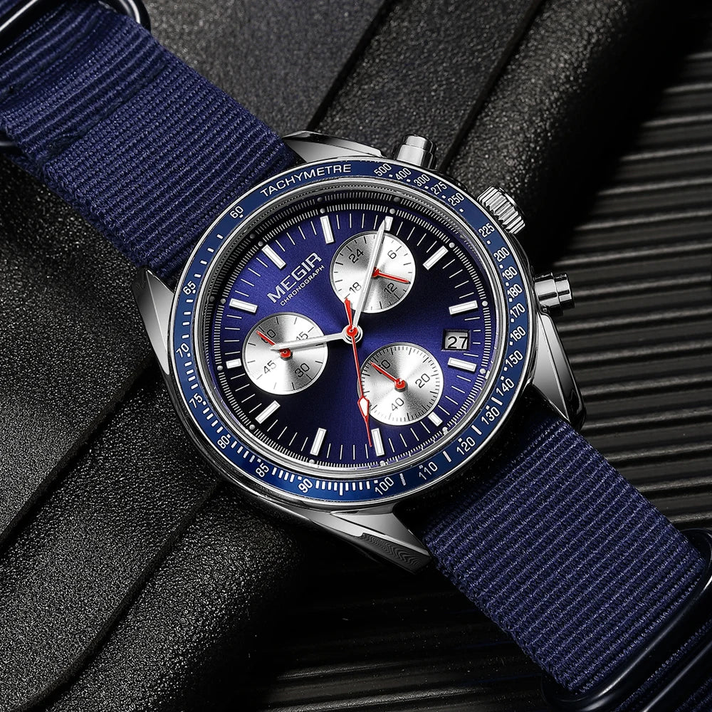 MEGIR montre à Quartz à trois yeux pour hommes bracelet tressé en Nylon étanche sport lumineux avec chronographe montre-bracelet de mode homme