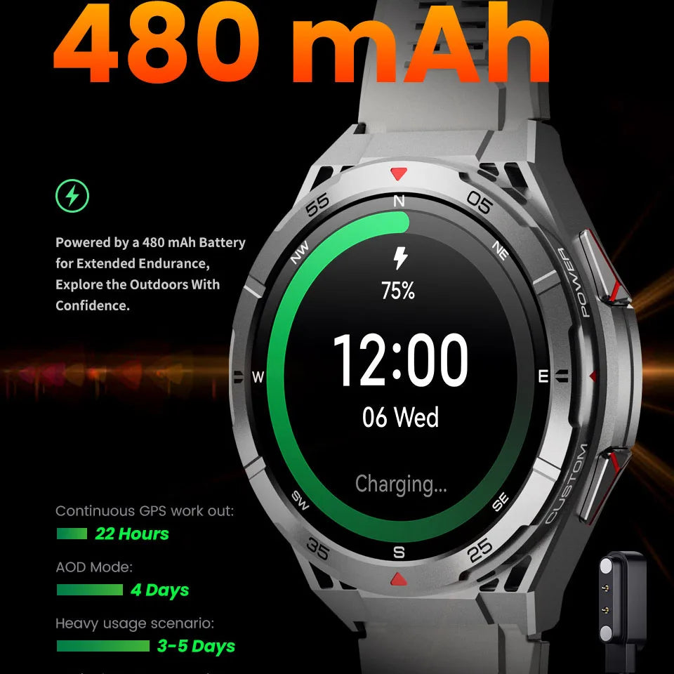 Nouvelle montre intelligente GPS sport boussole Altitude pression d'air appel de dent bleue 3ATM étanche santé AMOLED écran Smartwatch 480Mah