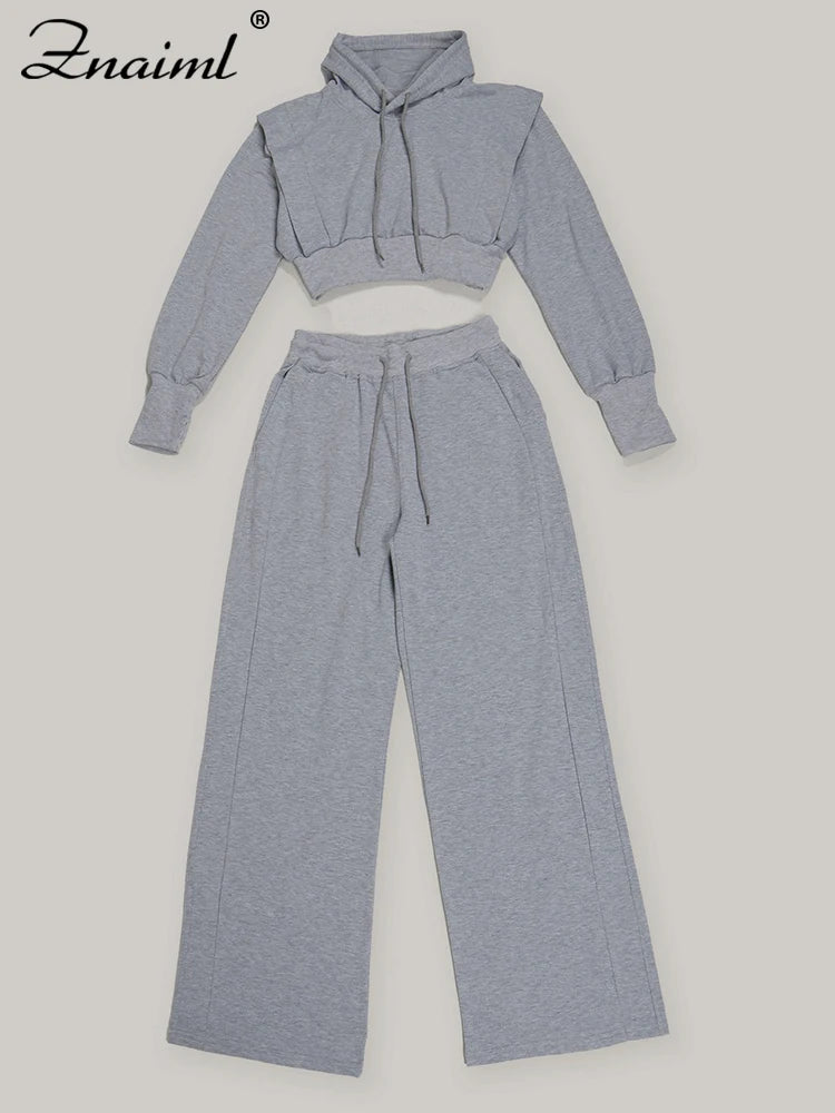 Znaiml gris tenue femmes Sport deux 2 pièces hiver sweat à capuche hauts et pantalons à jambes larges survêtement Streetwear Sportsuit 2025