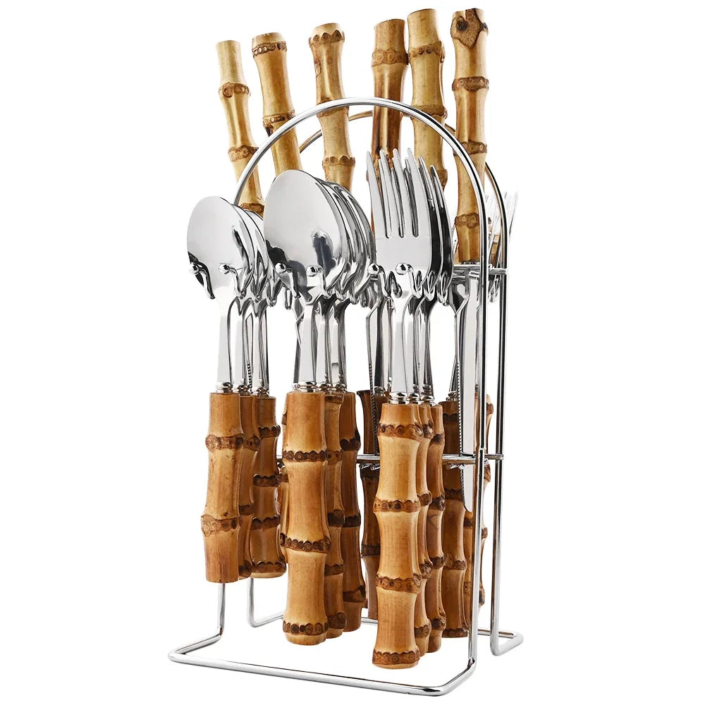 Couverts en acier inoxydable avec manche en bambou naturel, 24 pièces, service de table, couteau à steak
