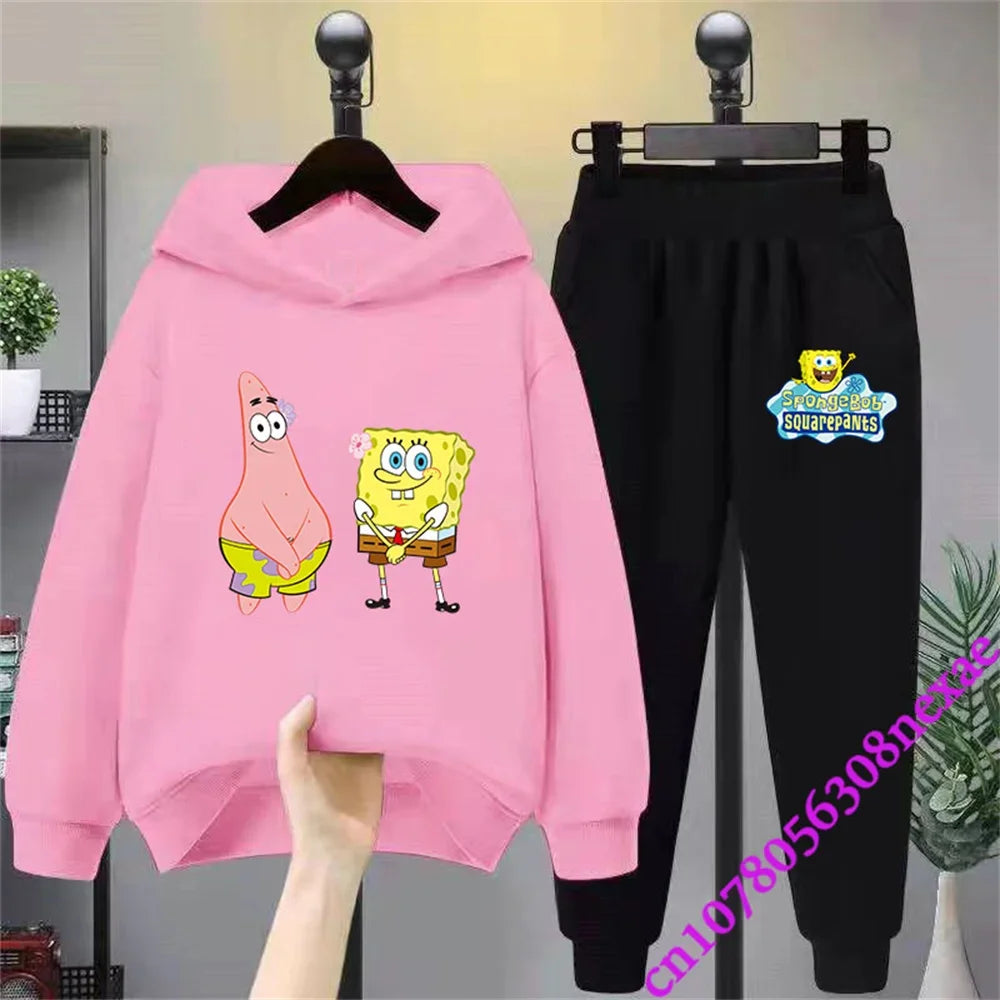 Spongebob-Pull imprimé dessin animé pour enfants, vêtements pour garçons et filles, imbibé, printemps et automne, Sportif, fjedly, 2 pièces