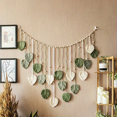 Modern woven wall art, beautiful room decoration, green leaves hanging on the walls, bohemian style, feather, Ramadan Easter gift