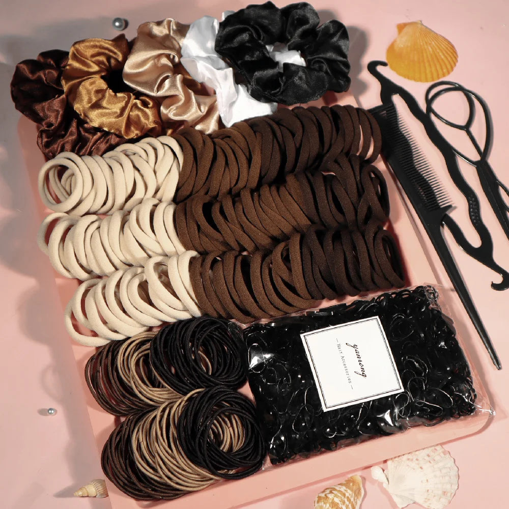 Women's Hair Accessory Set, Seamless, Fashionable, Brown Ponytail Holder, Variety of Scrunchies, Hairbands, Hair Clips