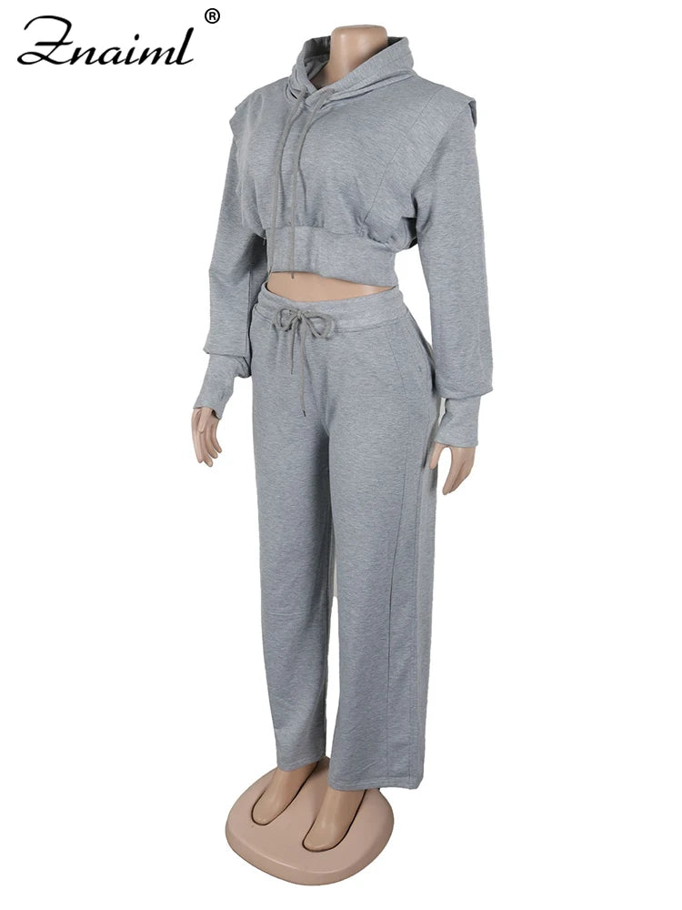 Znaiml gris tenue femmes Sport deux 2 pièces hiver sweat à capuche hauts et pantalons à jambes larges survêtement Streetwear Sportsuit 2025