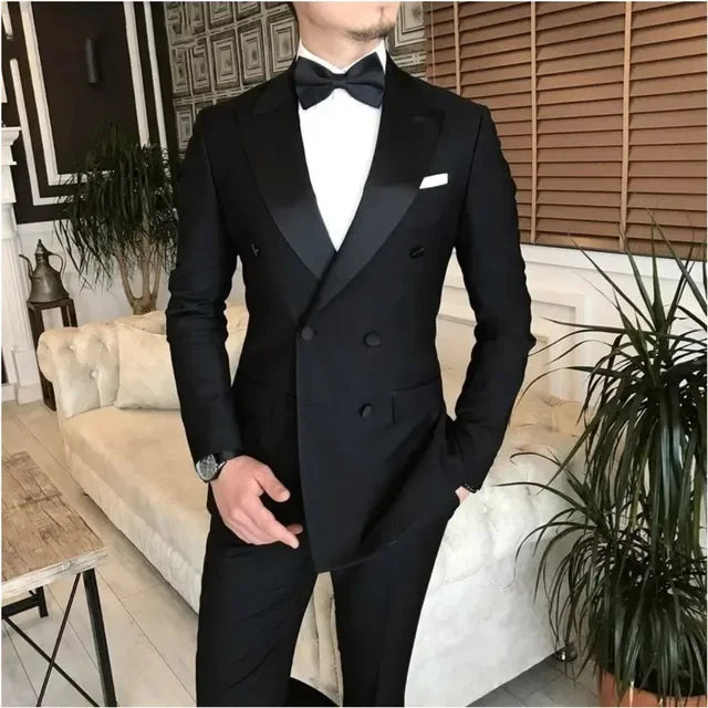Costume 2 pièces veste + pantalon noir pour hommes, revers à pointe, Double boutonnage, Blazer sur mesure, Tuxedos de marié de mariage, Costume de bal pour Homme