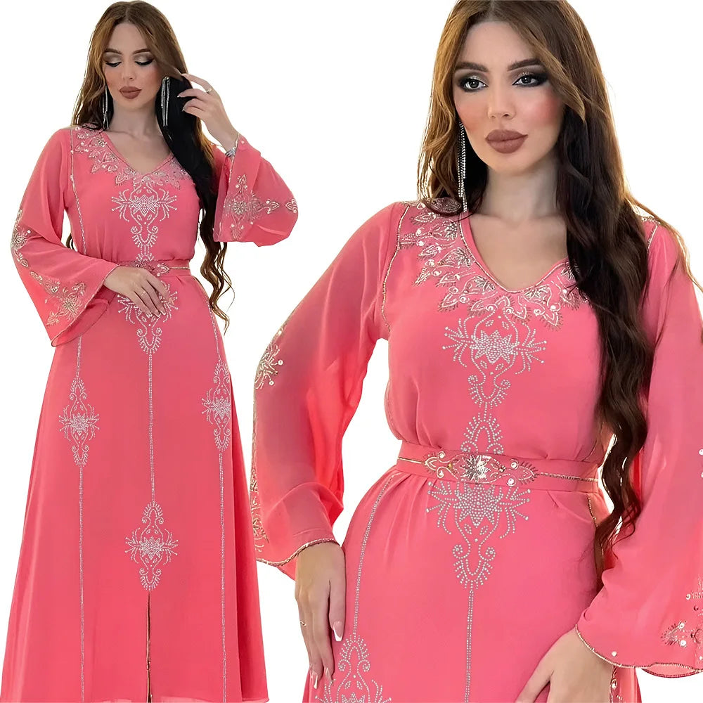 Eid Jalabiya - Women's Muslim Evening Dress, Diamond Lace-Up Arabic Abayas, Long Dresses, Elegant Dress, Educational Dress for Ramadan