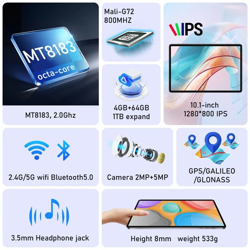 N-ONE NPad S 2023 10.1 pouces Tablette Pad 1280X800 HD 4GB 64GB Android 12 MTK8183 8-Cores 6600mAh Double WIFI BT5.0 Tablettes