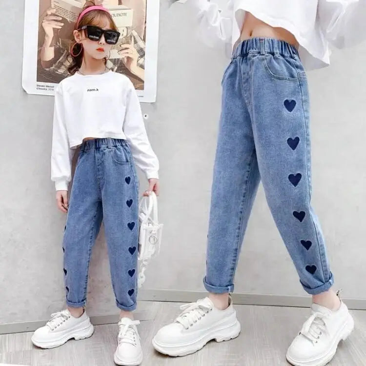 New Fashion Girls Jean Spring Summer and Autumn Soft Casual Boutique Cotton Kawaii Girls Elegant Jean Children's Pants 3-12Y