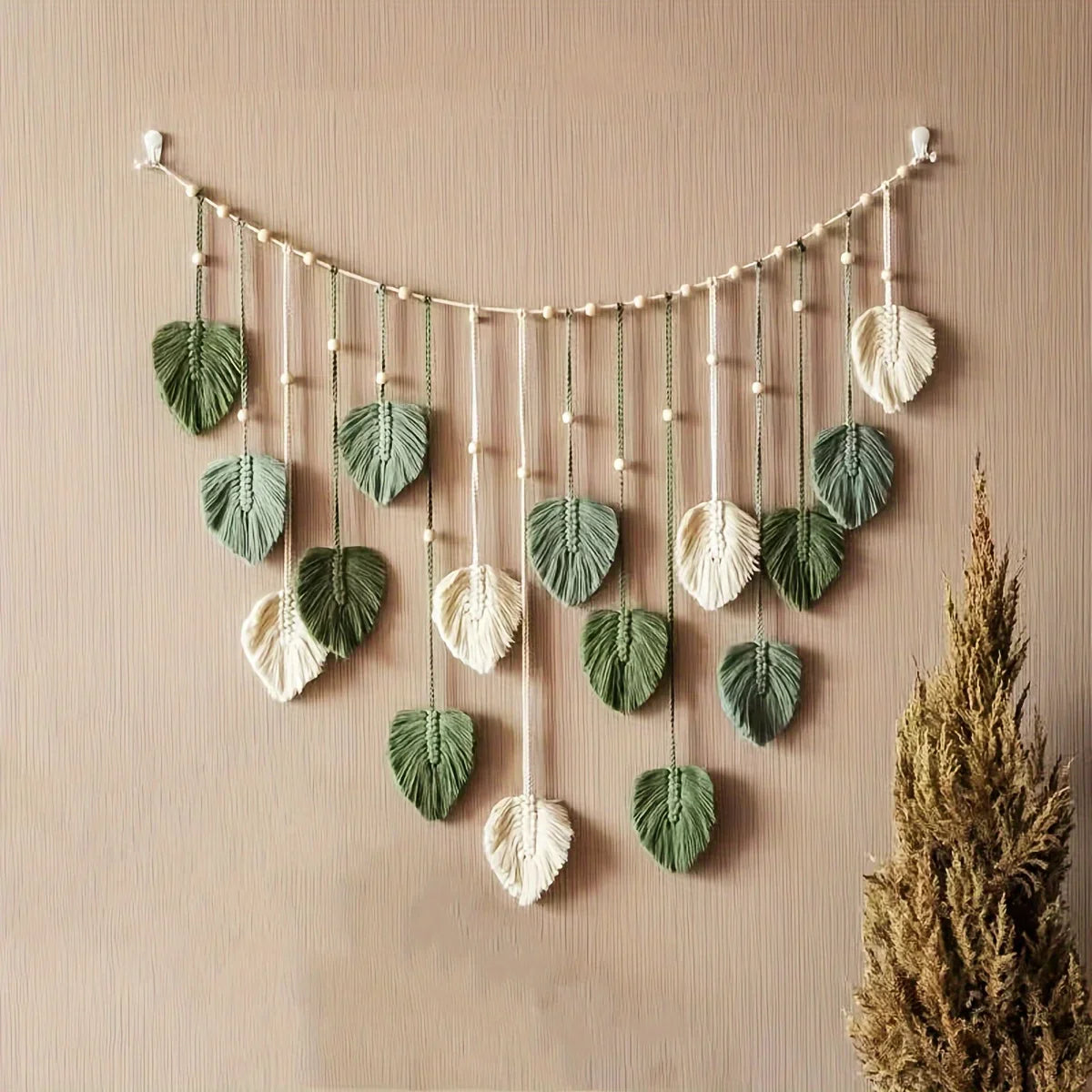Modern woven wall art, beautiful room decoration, green leaves hanging on the walls, bohemian style, feather, Ramadan Easter gift
