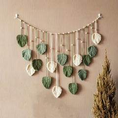 Modern woven wall art, beautiful room decoration, green leaves hanging on the walls, bohemian style, feather, Ramadan Easter gift