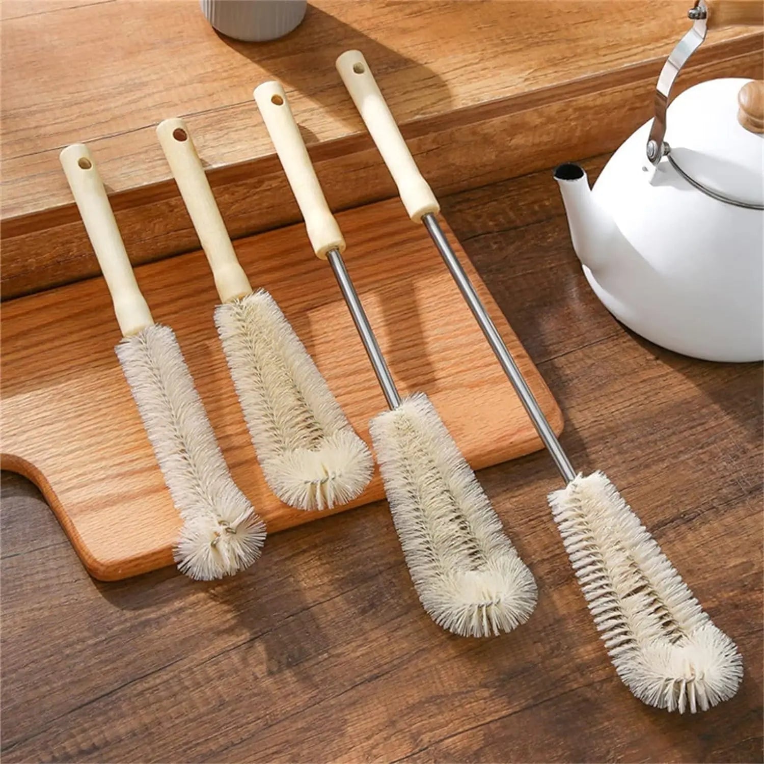 Nettoyeur de brosse de bouteille avec Long manche en bois, brosse de nettoyage de bouteille d'eau, poils naturels, brosse de bouteille de gommage de cuisine pour pichet de tasse
