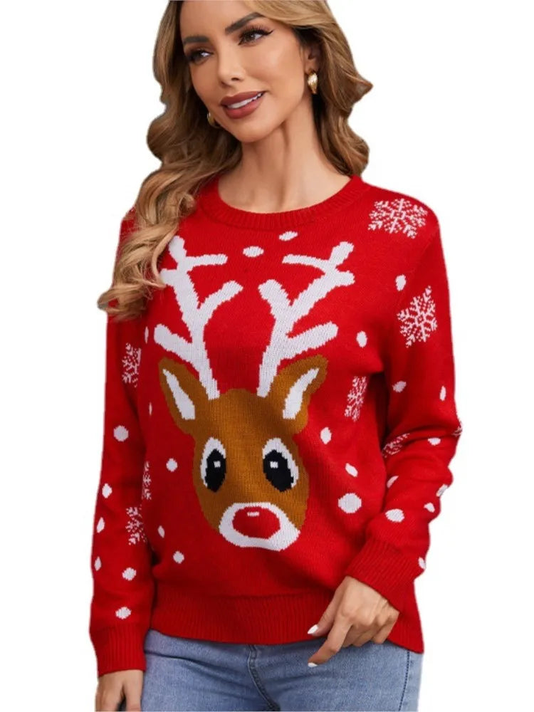 Round neck knitted Christmas sweater, elegant, casual, loose fit, for parties, new fashion, autumn and winter