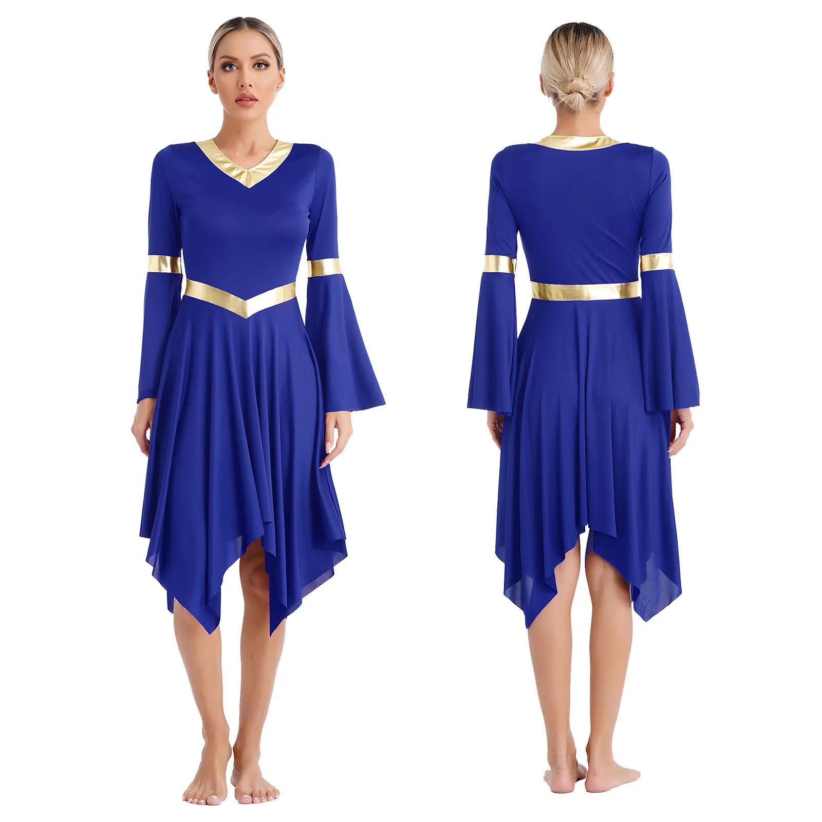 Robe de danse lyrique à manches longues pour femmes, robe à ourlet irrégulier, costume de spectacle liturgique, vêtements de danse modernes, culte de la chorale d'église