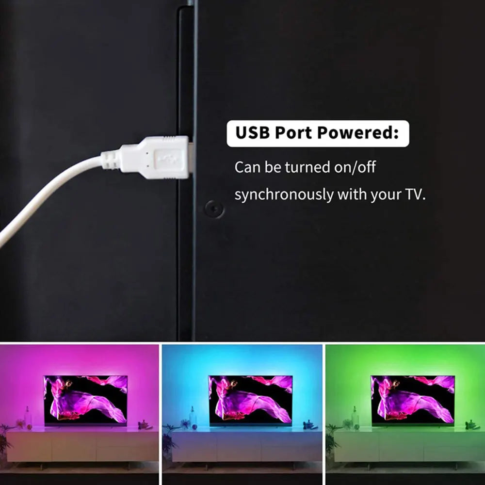 5V USB LED Strip Light, TV Backlight Strip with Remote Control, DIY Color Lighting, 49/49/55/58 inch, Decoration