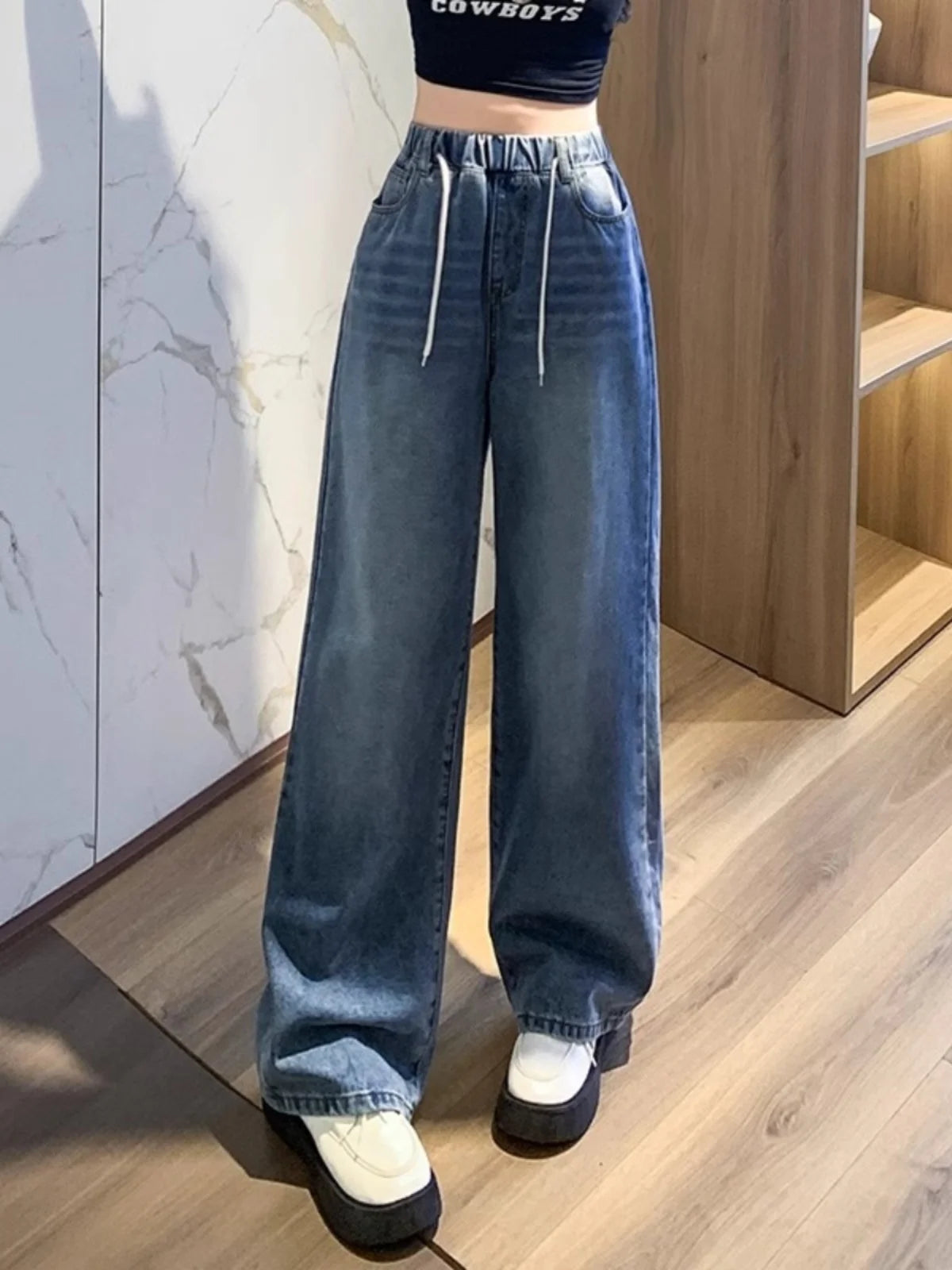 Jean ample à jambes larges, taille haute, bleu clair, grande taille, taille élastique, pantalon Dstring, pantalon Long amincissant