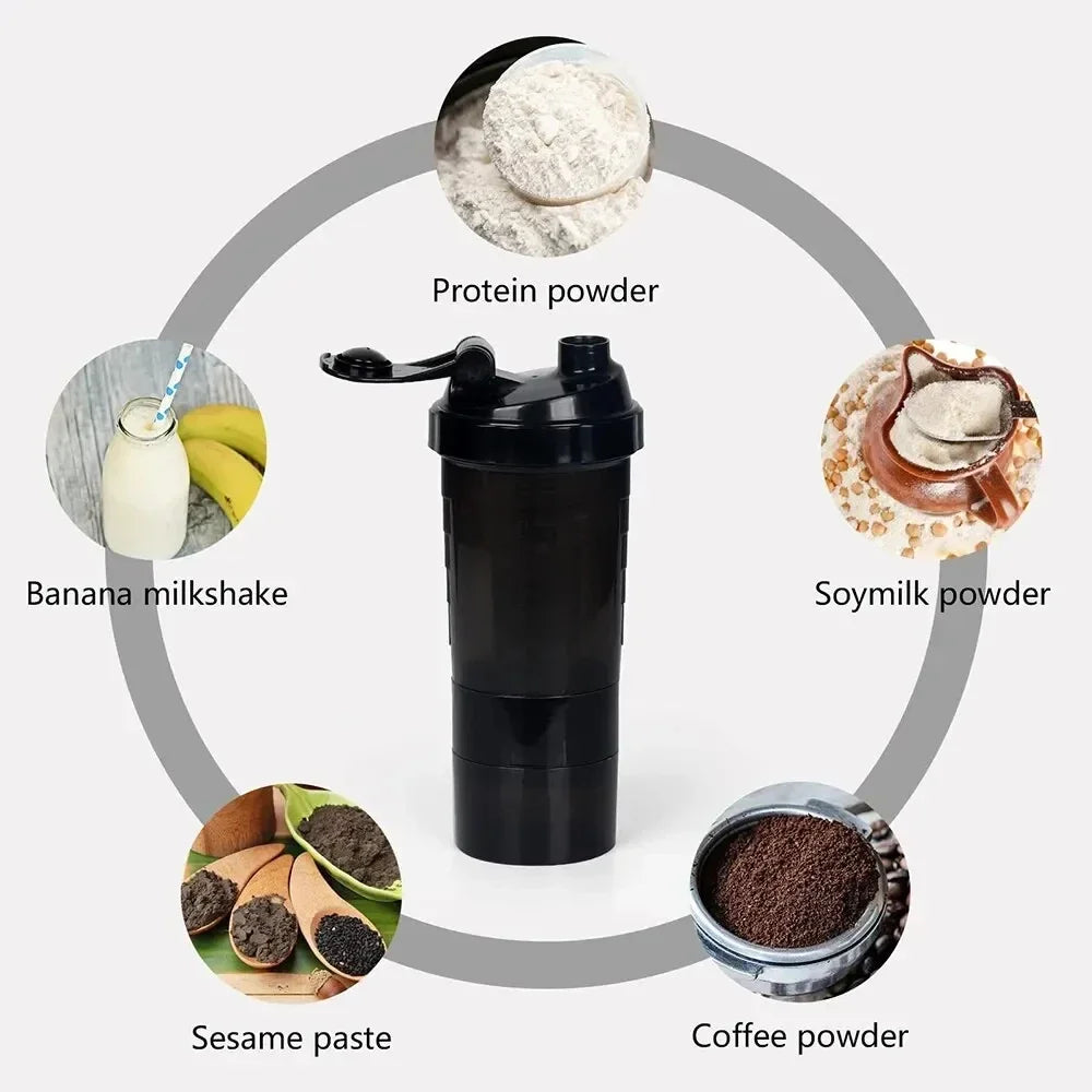 Bouteille de protéines Shaker à 3 couches, tasse à secouer la poudre, bouteille d'eau, tasse de mélange en plastique, bouteille d'exercice de musculation